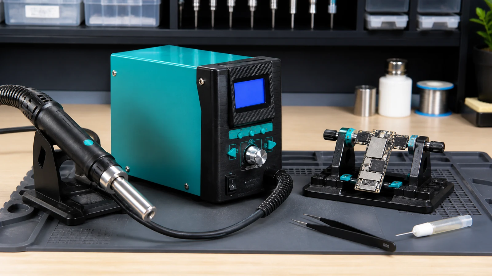 UK electronics bench comparing a soldering iron and a pen-style hot air handpiece