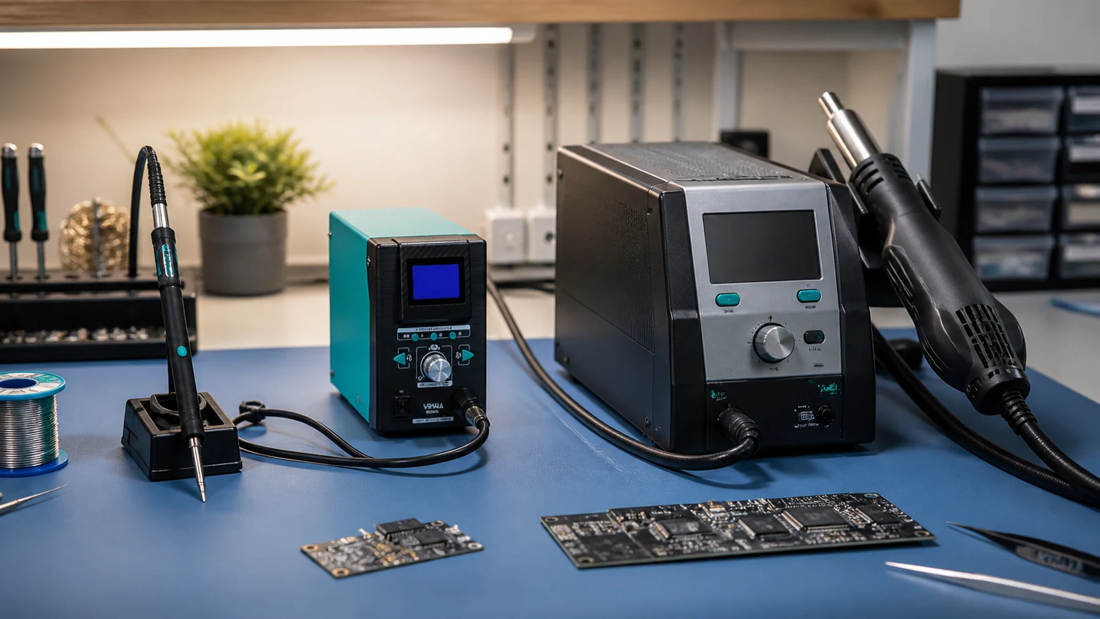 Comparison of a bulky hot air handle and a micro pen-style nozzle over a dense PCB