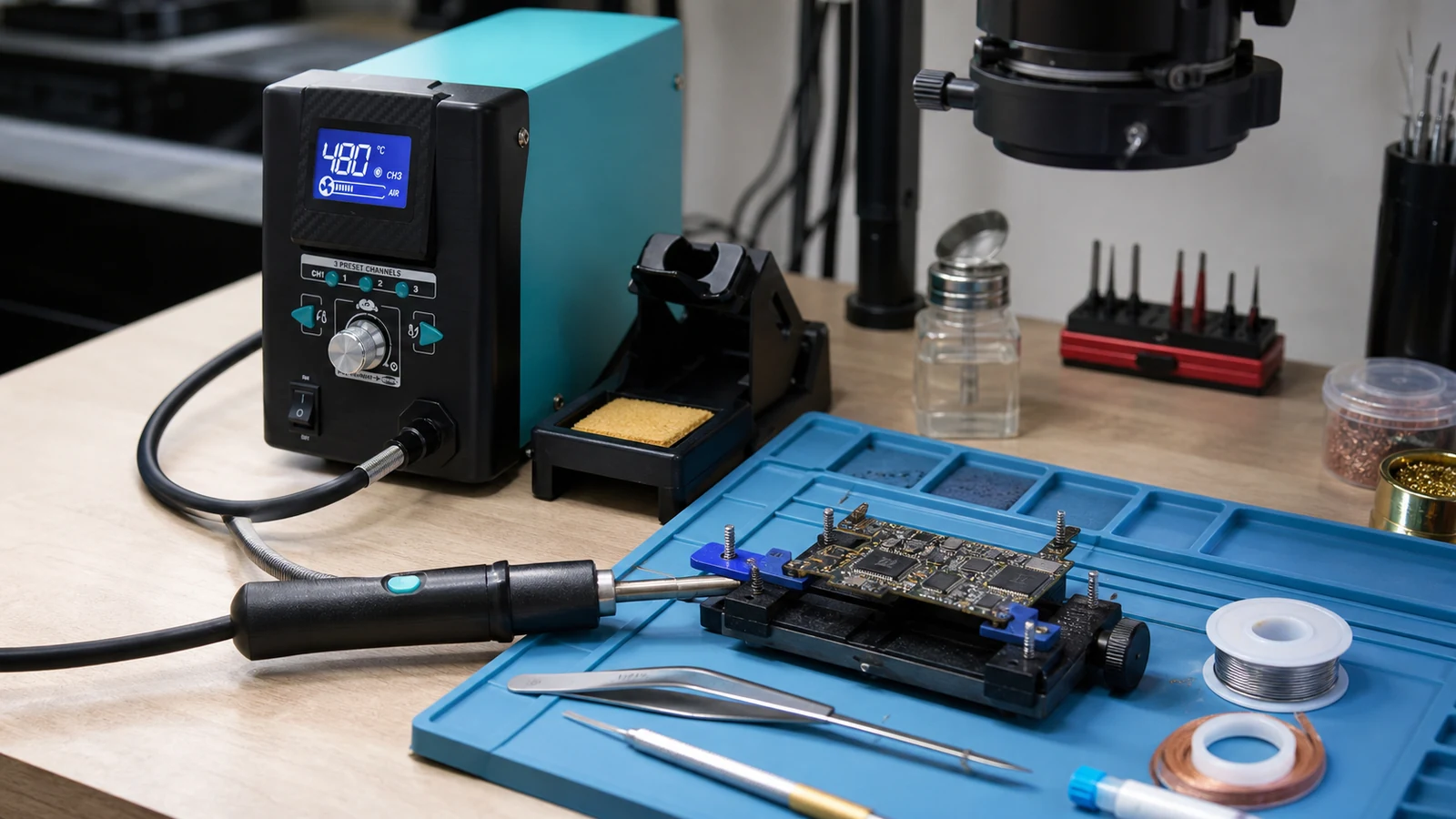UK phone shop microsoldering starter bench with microscope and hot air station