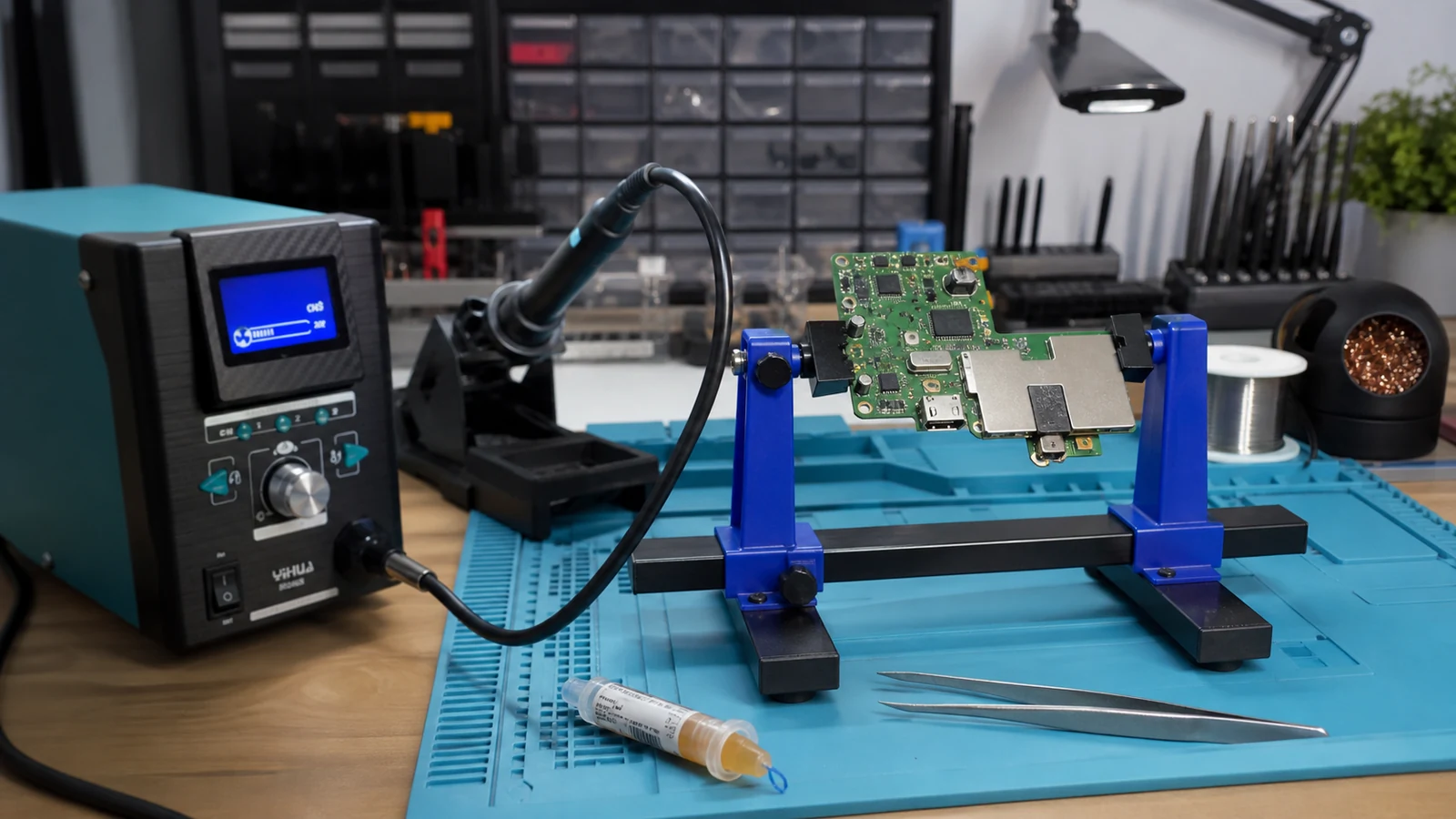 Hot air nozzle positioned near a console dock HDMI port on a circuit board
